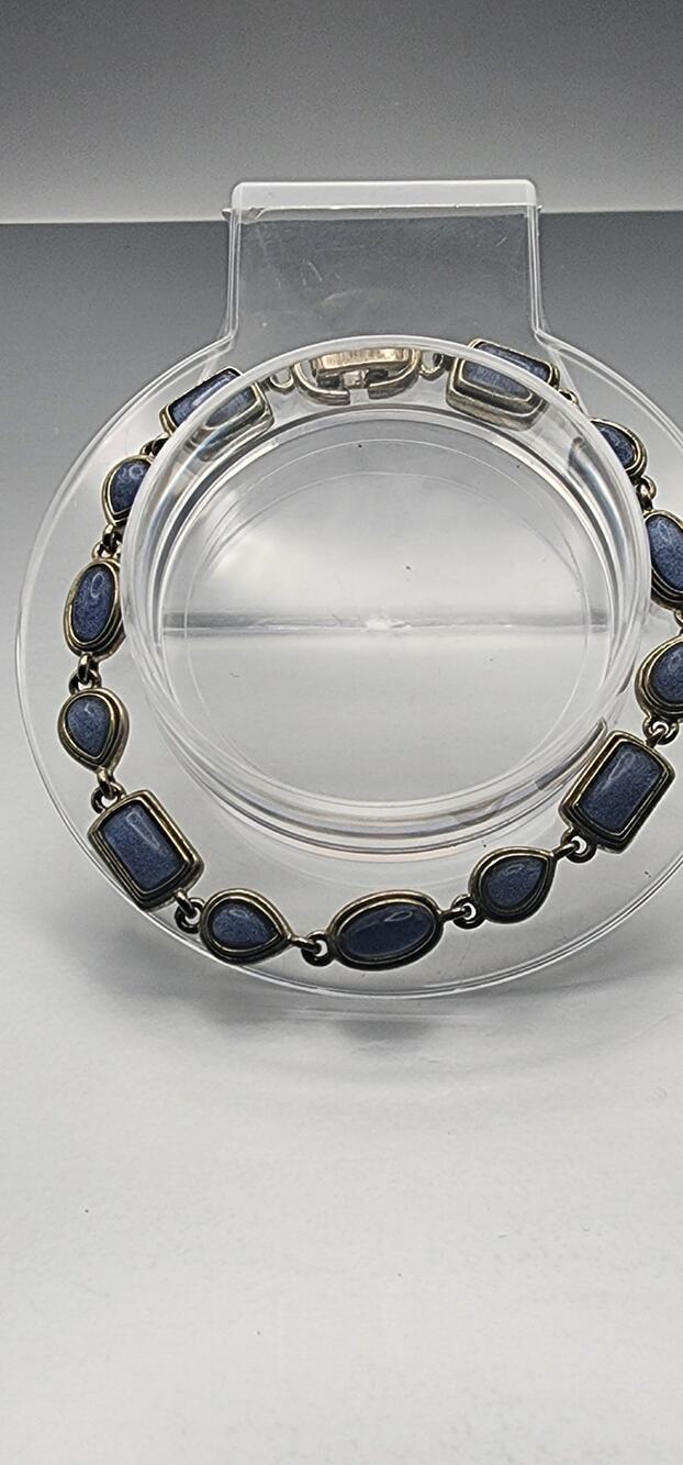 Vintage Blue Faux Lapis Cabochon Link Bracelet Gold Tone 8.5" Mixed Shape